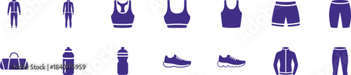 Fitness and Sportswear Icons Collection with Figures Clothing Bottles Shoes and Bags

