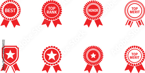 Red Collection of Award Badges and Ribbons Featuring Best Top Rank Honor Top Merit and Star Designs
