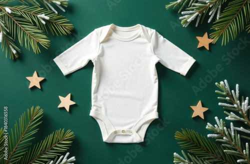 Christmas white baby girl or boy bodysuit mockup flat lay with wooden stars and xmas tree branches on deep fores green background. Design onesie template, print presentation mock up. Top view.