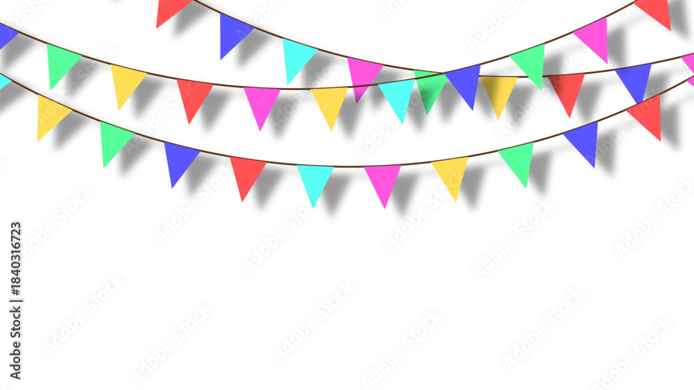 Fototapeta premium Colorful bunting flags garland string decoration for party celebration event festive banner with realistic shadows isolated on