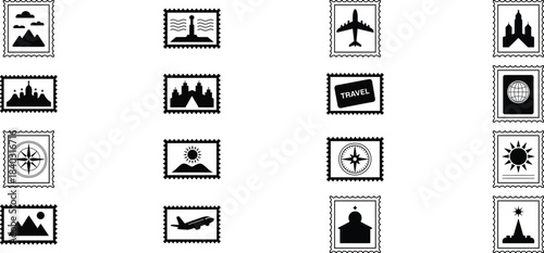 travel postage stamps icons for adventure and world exploration designs featuring landmarks mountains and airplanes
