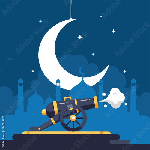 Ramadan night scene with a crescent moon, stars, mosque silhouettes, and a cannon firing, symbolizing the breaking of fast.