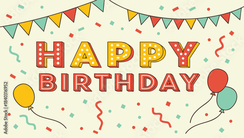 Happy Birthday greeting card. birthday celebration vector illustration featuring bold 3D block letters spelling ‘HAPPY BIRTHDAY’ with retro marquee-style lights inside each letter.