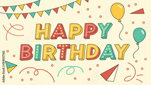 Happy Birthday greeting card. birthday celebration vector illustration featuring bold 3D block letters spelling ‘HAPPY BIRTHDAY’ with retro marquee-style lights inside each letter.