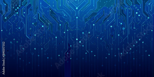Abstract blue digital circuit board background with glowing lines and dots