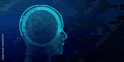 Digital human head silhouette with a futuristic circuit board background