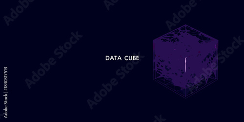 A dark background with a glowing purple geometric data cube illustration