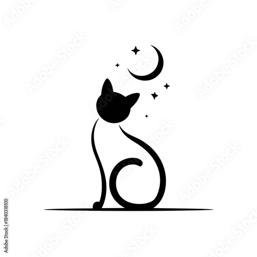 Cat vector outline with silhouette of black cat gazing at crescent moon and stars. Suitable for halloween designs and nightthemed projects.