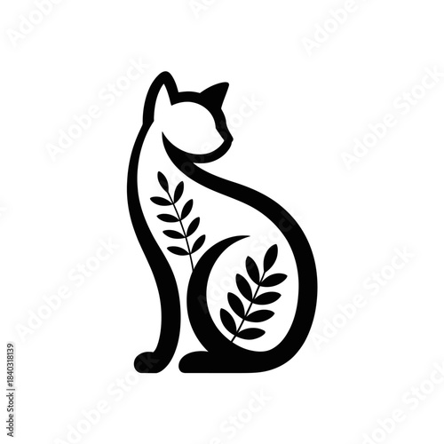 Cat vector outline with leaf patterns for charming illustrations. Suitable for animalthemed designs, pet products, natureinspired graphics, and cat lover content.