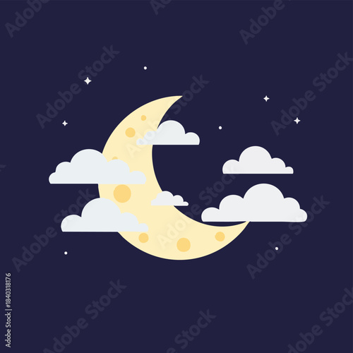 A flat design illustration of a yellow crescent moon with clouds and stars in a dark blue night sky.