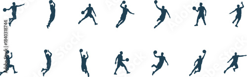 basketball player silhouettes vector, including jumping, shooting and dribbling actions, sport design
