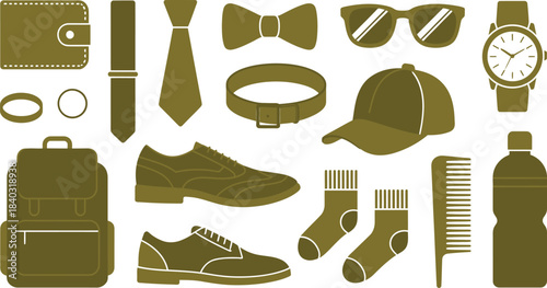 men's accessories icons vector, including wallet, tie, shoes, watch and sunglasses, style design
