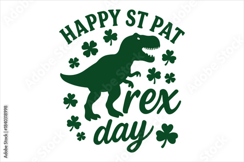 A whimsical depiction of a green tyrannosaurus rex celebrating st patrick s day with clover details