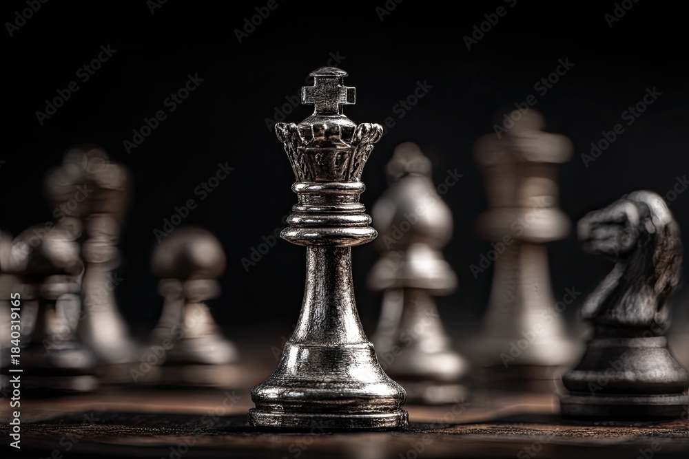 Fototapeta premium A metallic king chess piece in focus, flanked by other pieces, dark backdrop