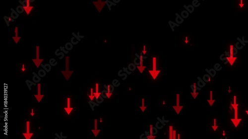 Animated glowing red arrows moving downward against a black background. A futuristic digital animation symbolizing the decline of progress, success, and financial decline. Ideal for business and tech