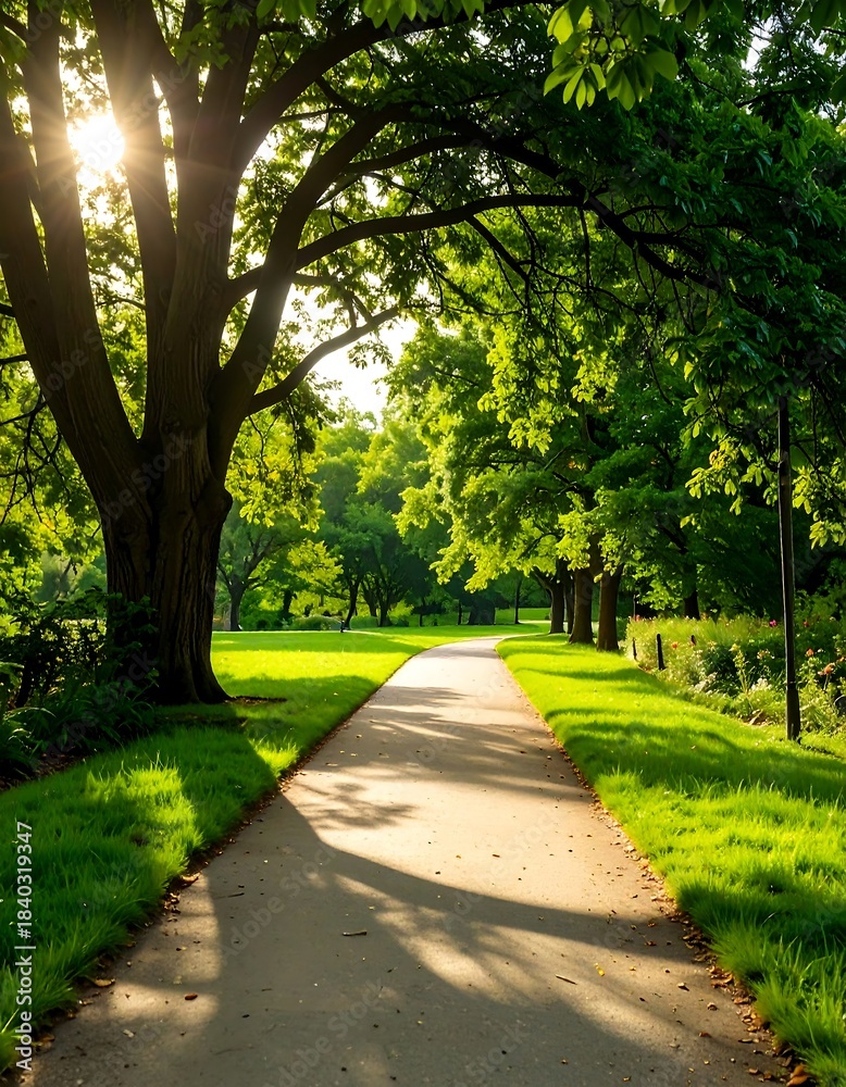 Fototapeta premium Sunlit park path through lush trees