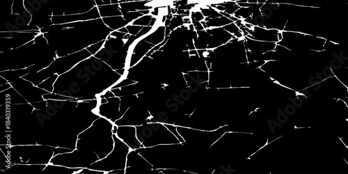 Dark black grunge texture featuring shattered broken glass fragments made with various white scratched cracks, distressed scratches, cracked surfaces, and dramatic impact details.
