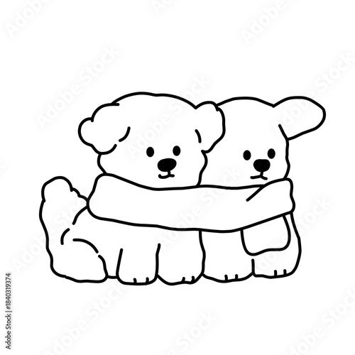 Simple black-and-white line-art of two dogs hugging closely, symbolizing affection, comfort, and sweet companionship in a cute minimalist style.
