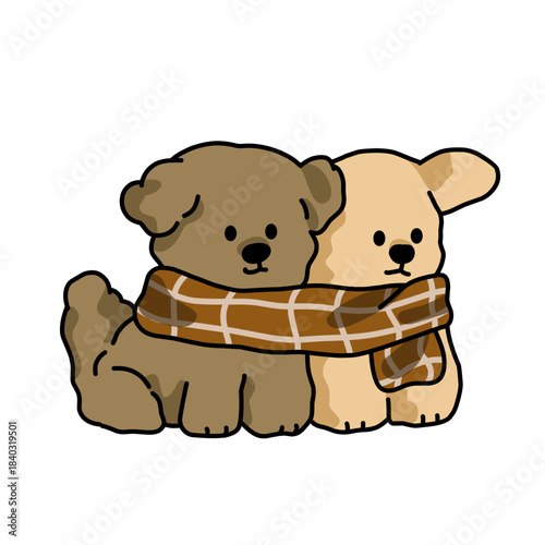 Cute illustration of two cozy dogs cuddling under a warm scarf.