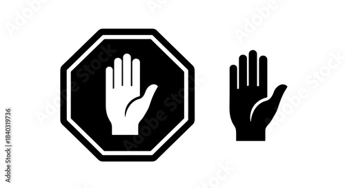 Black and white stop hand sign icon, symbolizing warning, prohibition, and refusal, for safety and restricted access.