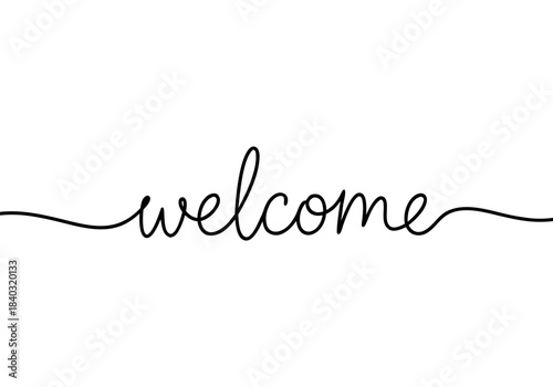 Elegant continuous line art of the word 'welcome' in a flowing script on a clean transparent background, symbolizing hospitality and greeting.