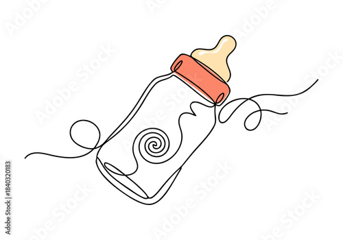 A minimalist line art illustration of a baby bottle with a swirling pattern inside, symbolizing nourishment and care.