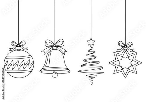 Continuous line art drawing of four hanging Christmas ornaments including a bauble, bell, tree, and star on a transparent background.