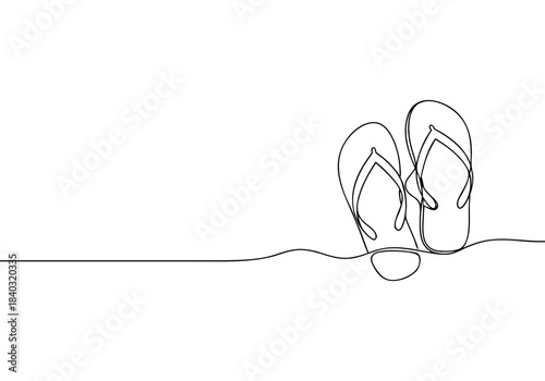 Continuous line drawing of a pair of flip-flops resting on a sandy surface, evoking a minimalist summer and beach vacation theme.