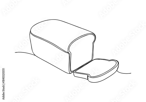 Continuous line drawing of a loaf of bread with a single slice cut off on a transparent background.