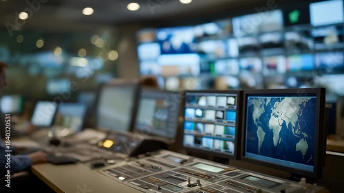 Wallpaper Mural High-tech broadcasting control room filled with glowing monitors and multilingual news tickers, where editors manage worldwide correspondents, emphasizing real-time global reporting, media Torontodigital.ca