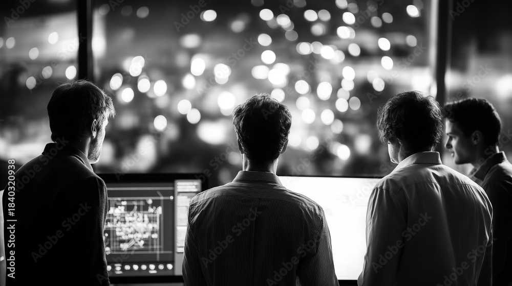 Fototapeta premium Happy faceless engineering team reviews CAD blueprint on light table in smart factory control room, analyzing AI-driven automation system plan at night, defocused collaborative rev