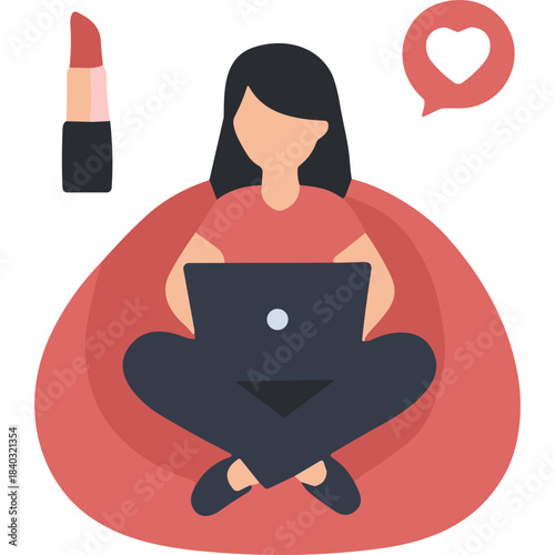 Woman Using Laptop Surrounded By Makeup And Heart Icon Indicating Social Media Engagement And Online Content Creation In A Comfortable Setting