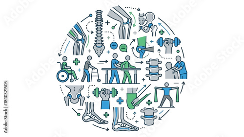 Physical Therapy and Rehabilitation Icons – Circular Infographic of Mobility Aids, Exercises, Therapist Support, Joint Care, and Recovery Services in Healthcare Visual Format
