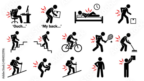 Back Pain Scenarios – Cartoon Illustrations of Everyday Activities Causing Discomfort from Poor Posture, Lifting, Pregnancy, Sports, and Ergonomic Strain