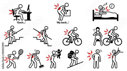 Back Pain Scenarios – Cartoon Illustrations of Everyday Activities Causing Discomfort from Poor Posture, Lifting, Pregnancy, Sports, and Ergonomic Strain