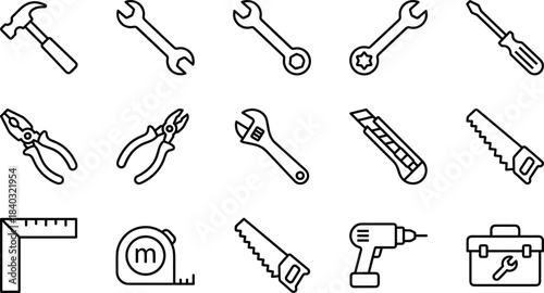 Construction tools icons set, repair equipment vector, handyman symbols, hardware collection, renovation outline illustration, carpentry workshop instruments, industrial kit.