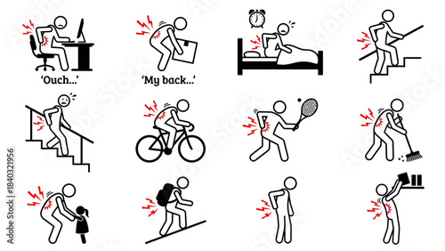 Back Pain Scenarios – Cartoon Illustrations of Everyday Activities Causing Discomfort from Poor Posture, Lifting, Pregnancy, Sports, and Ergonomic Strain