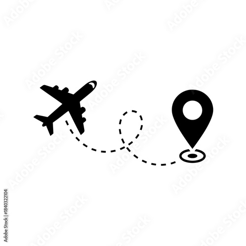Airplane flight path to destination location pin icon