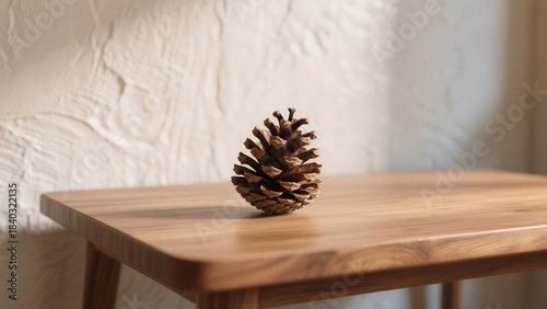 A pinecone resting on a wooden table, with soft light illuminating its intricate details against a textured wall.