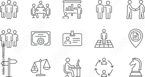 Business people icons set, human resources vector, management team symbols, corporate strategy outline illustration, office meeting collection.
