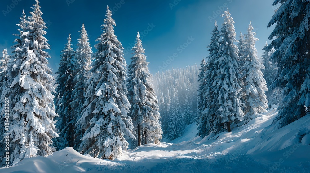Naklejka premium Winter landscape features tall fir trees heavily laden with fresh white snow under a clear blue sky and crisp cold air in a nature scene.
