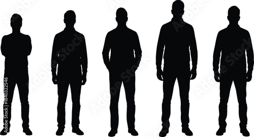 Set of Full Body Male Silhouettes: Collection of Men in Standing Poses with Casual Clothing for People, Lifestyle, and Crowd Graphics