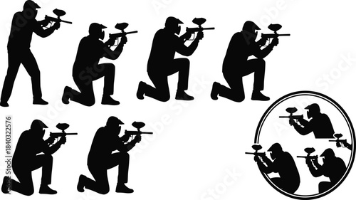 Paintball Player Silhouette Vector Set: Kneeling and Shooting Action Poses with Marker Guns, Ideal for Sports, Competition, and Gaming Graphics