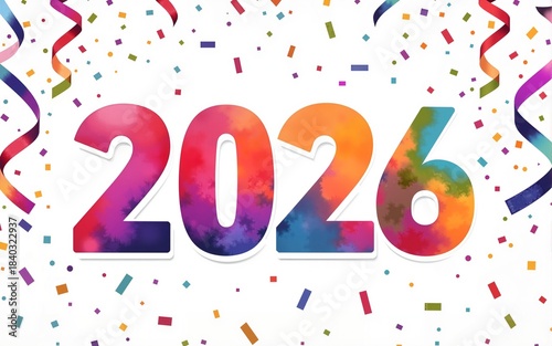 Colorful 2026 celebration with vibrant confetti and streamers in bright watercolor style. Happy New Year 2026. High quality
