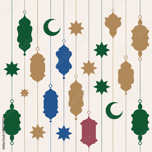 Islamic Lanterns, Crescent Moons, and Stars Design Pattern