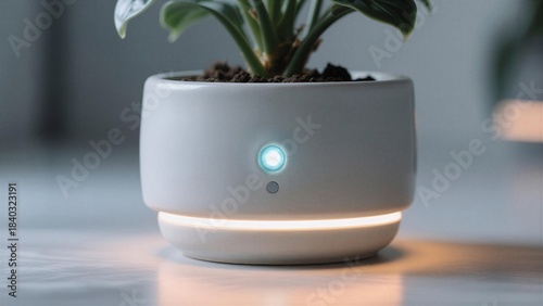 A modern white smart planter with glowing blue light and warm base illumination, featuring a healthy green plant.