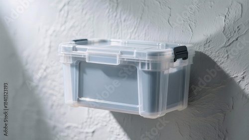 A transparent storage box mounted on a textured white wall, illuminated by soft natural light.
