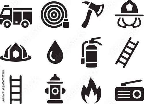 Collection of black firefighter icons including truck helmet hose axe extinguisher ladder fire hydrant flame and radio