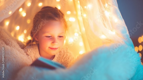 Child reading a book in a cozy fort with string lights at night