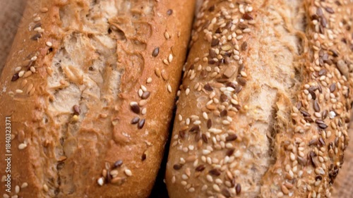Mini baguettes. Baked crisp crust sprinkled with sesame and flax seeds